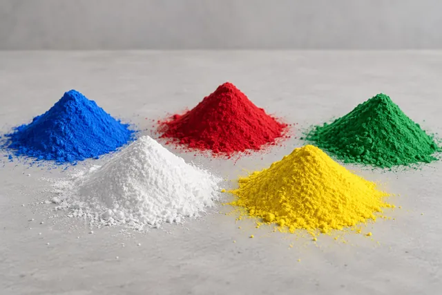 Cinco montinhos de pó fino branco, azul, vermelho, amarelo e verde